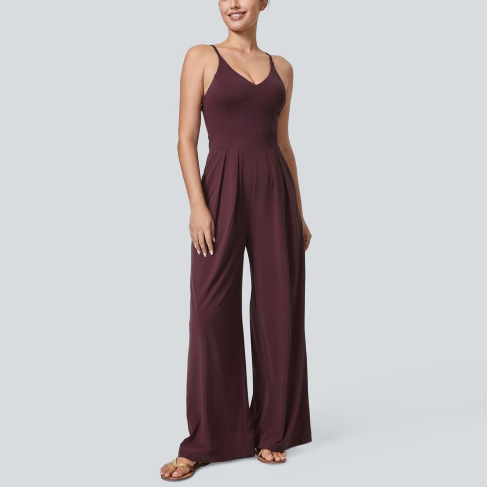 HALARA Women's V-Neck Wide Leg Jumpsuit in Deep Burgundy